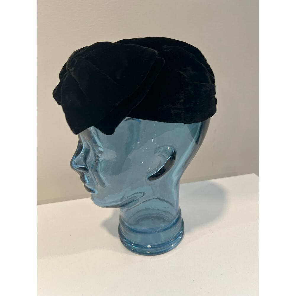 Vintage Turban Style Black Velvet Hat Large Bow JL - Picture 3 of 7